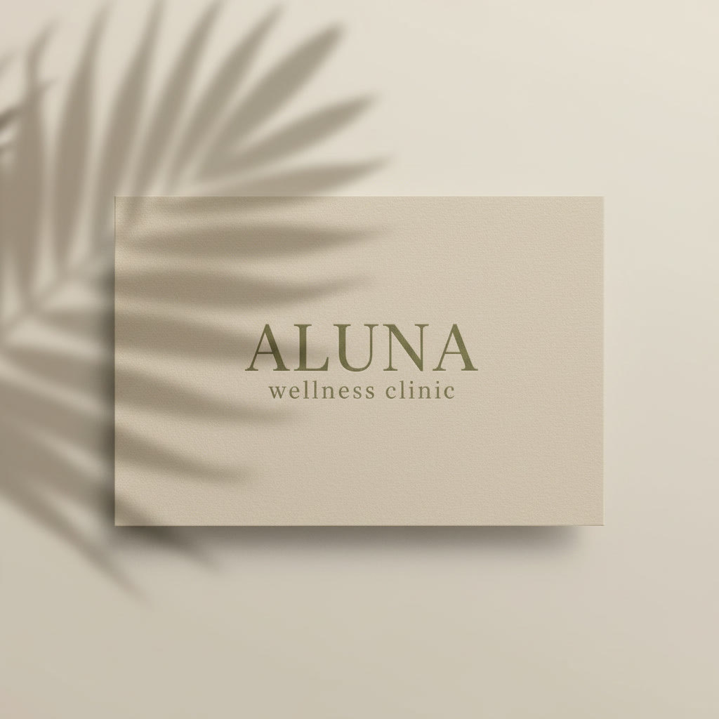 ALUNA wellness clinic business card in warm sand under a palm-leaf shadow