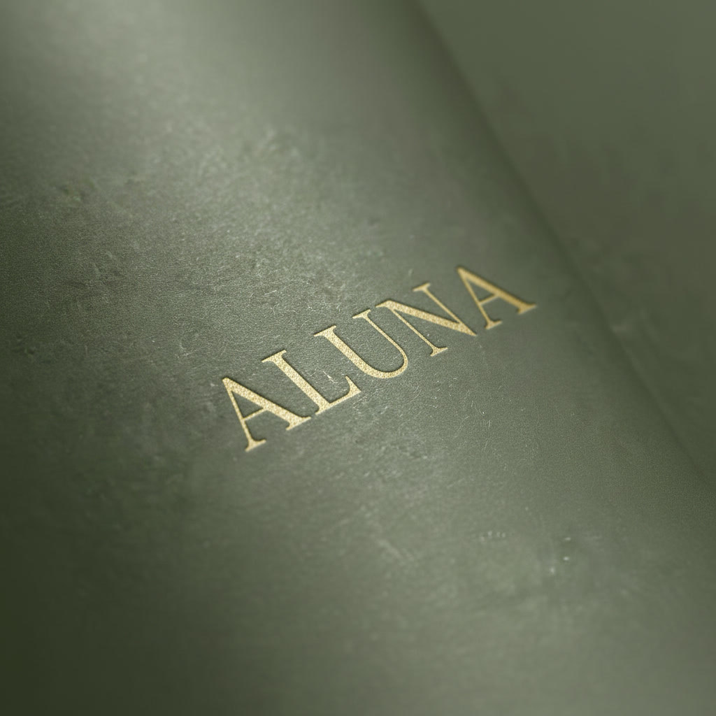 Close-up of the gold embossed ALUNA wordmark on sage paper, raking light across the surface