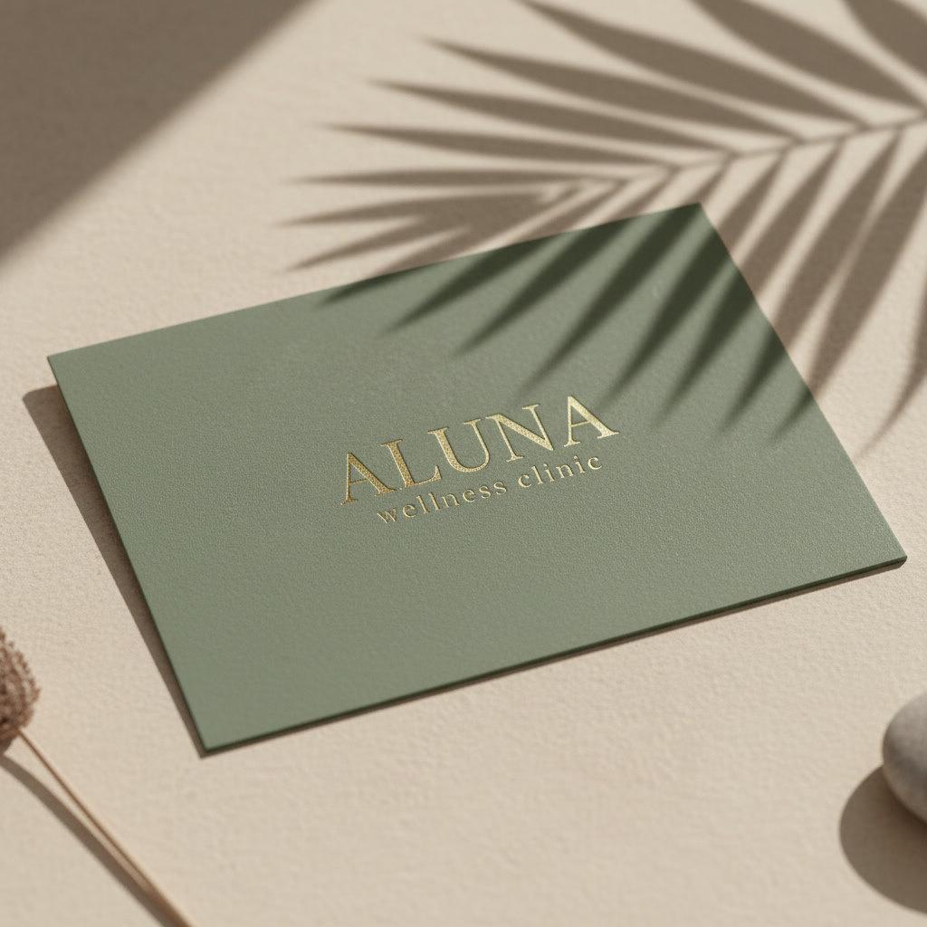 Sage-green ALUNA envelope with a gold foil wordmark resting on a sand-coloured surface