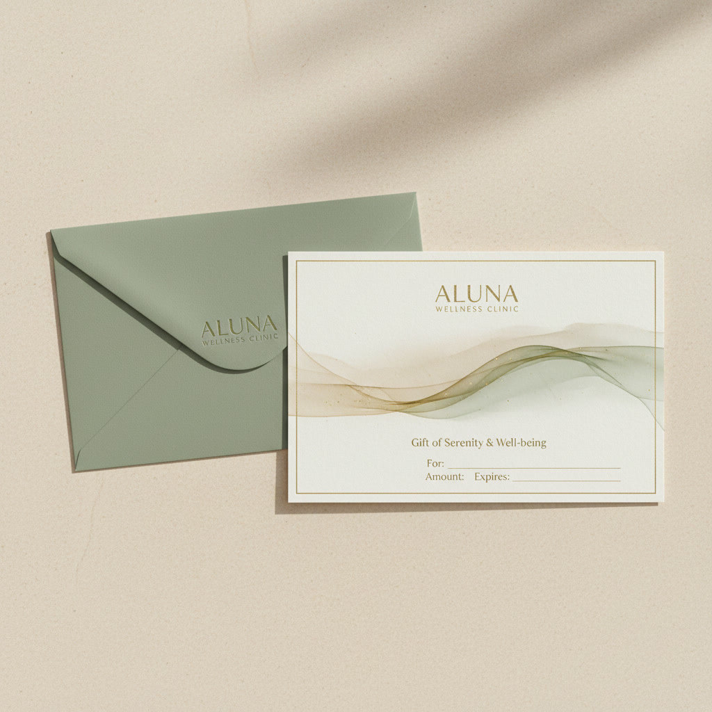 ALUNA "Gift of Serenity & Well-being" voucher with a flowing gold and sage wave beside its sage envelope