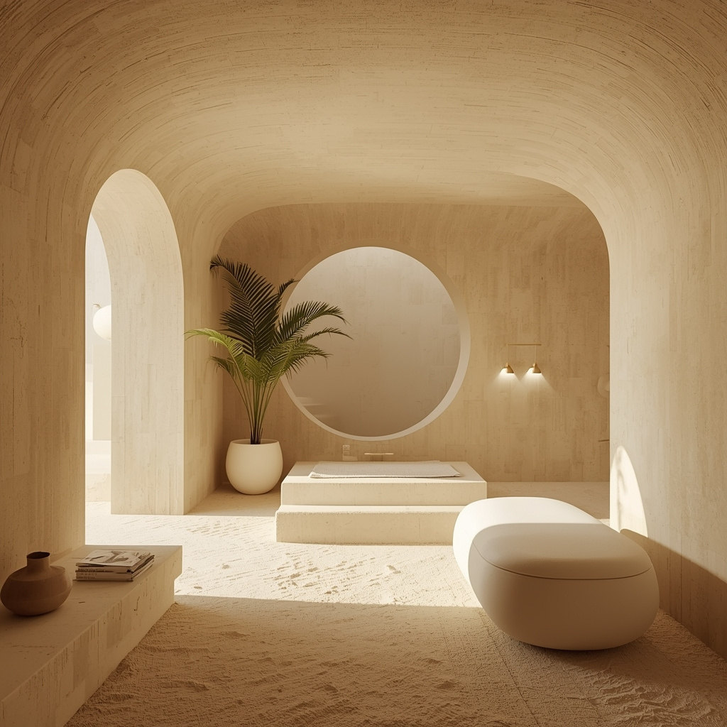 ALUNA wellness interior — sculpted limestone arches, a round mirror, a stepped stone bath, a potted palm and warm wall lights