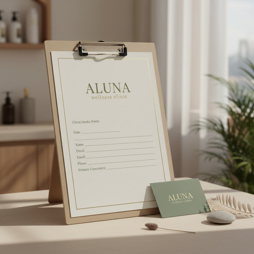 ALUNA client intake form on a wooden clipboard at reception, with a sage business card and smooth stones