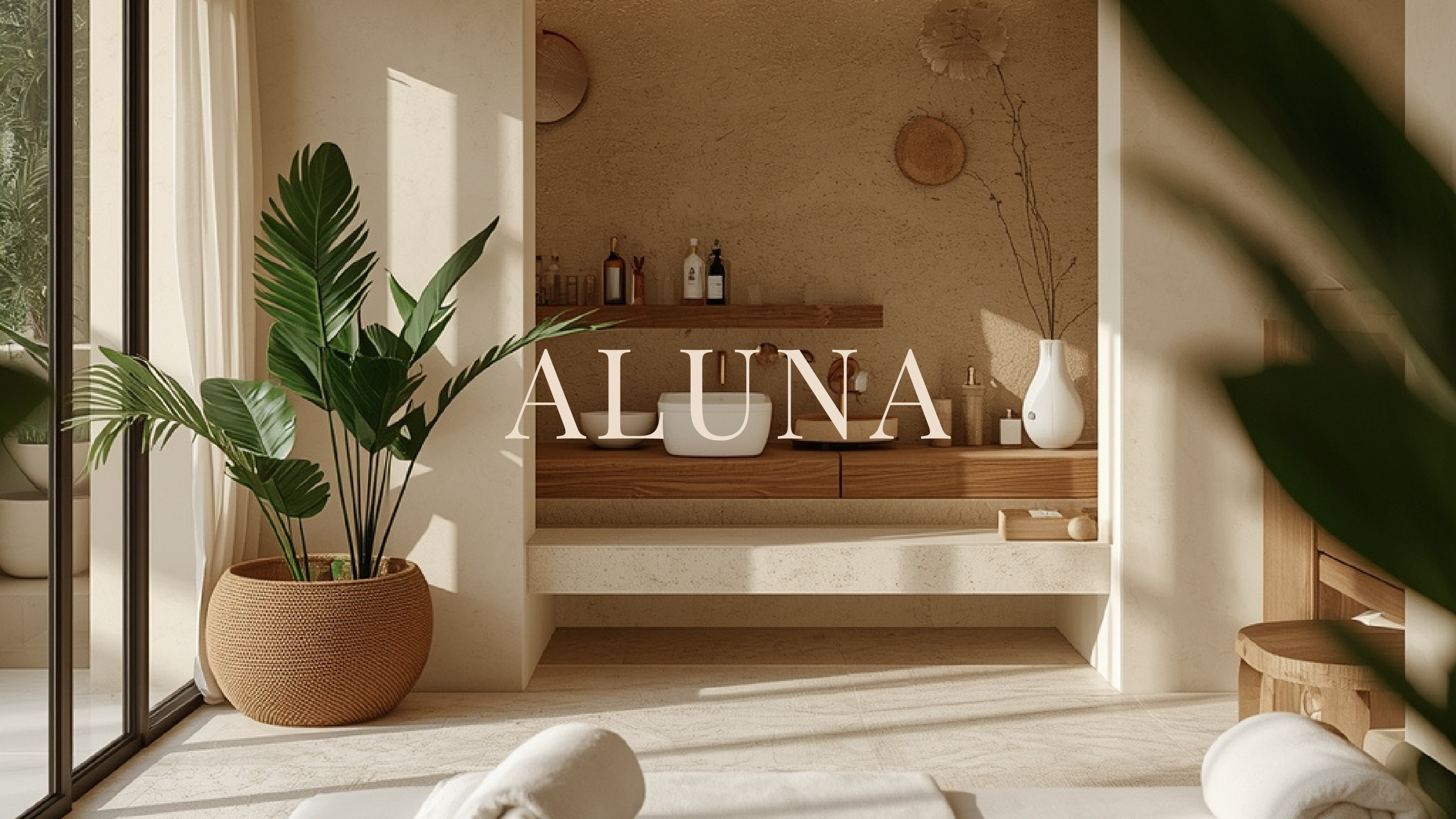 ALUNA wordmark set over a sunlit treatment room with a limestone vanity, a basket planter and tropical leaves