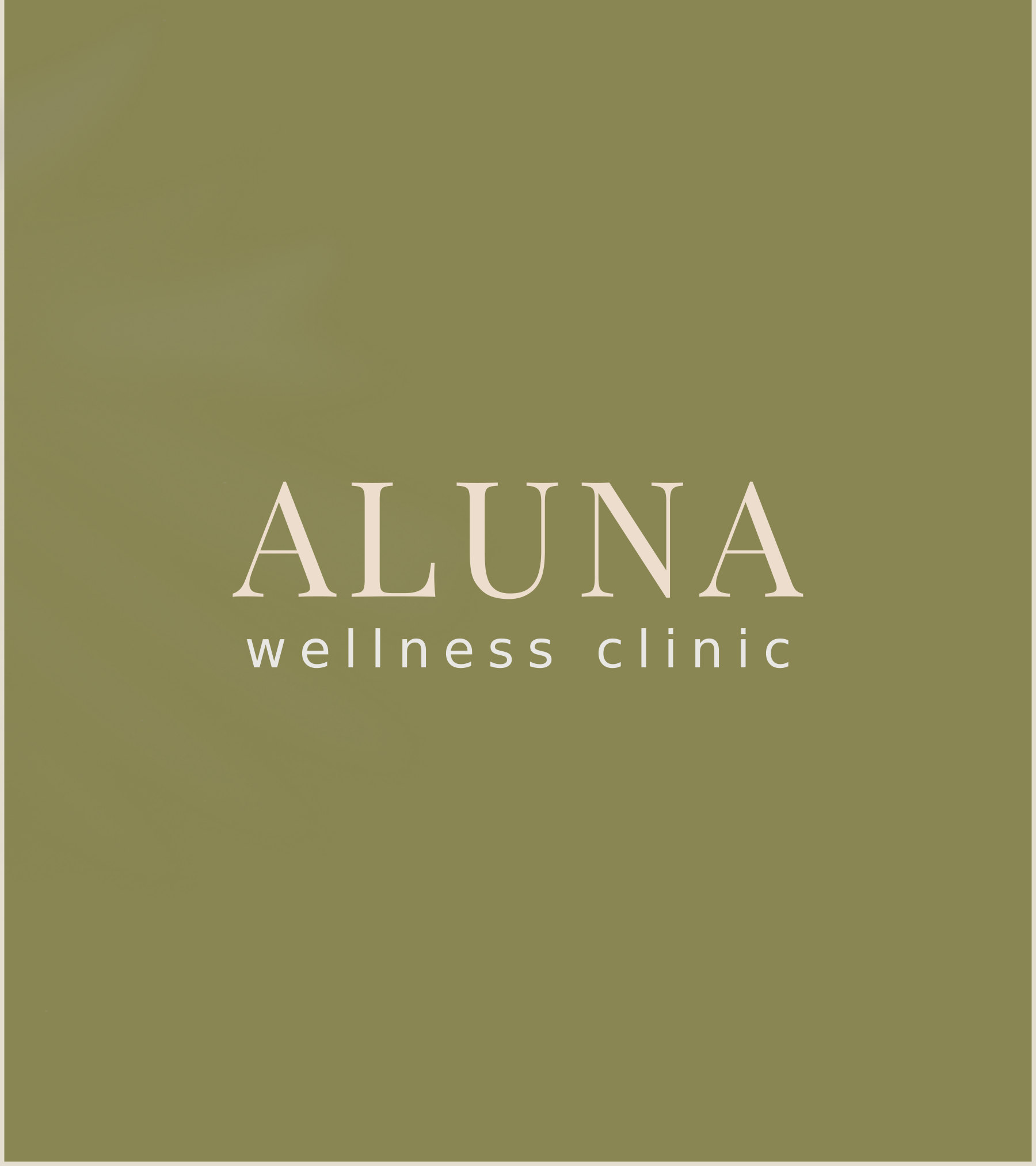 ALUNA wellness clinic wordmark reversed in ivory on botanical olive green