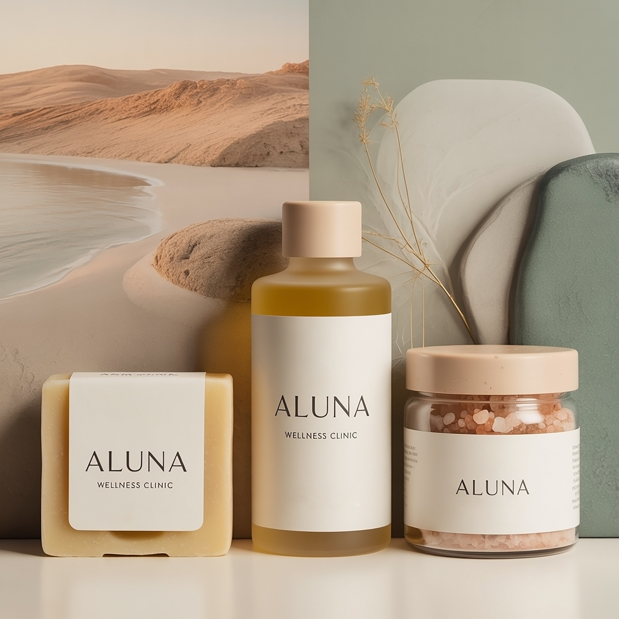 ALUNA product range — a soap bar, an amber oil bottle and a jar of pink salts with ivory ALUNA labels among sand and stone