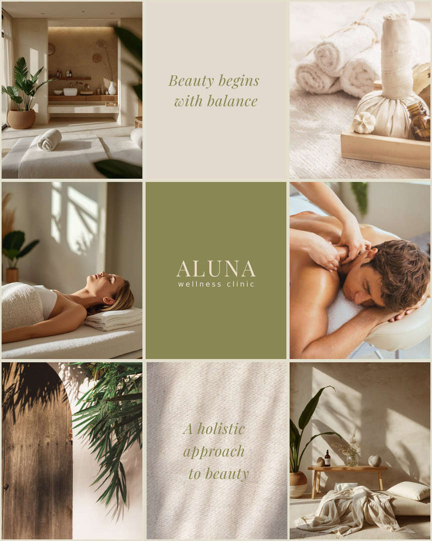 ALUNA social media grid — treatment rooms, massage imagery, an olive logo tile and the lines "Beauty begins with balance" and "A holistic approach to beauty"