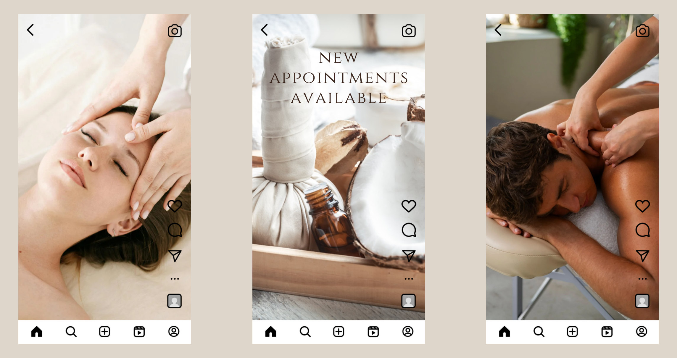 Three ALUNA stories — a facial treatment, "New appointments available" with herbal compresses, and a shoulder massage
