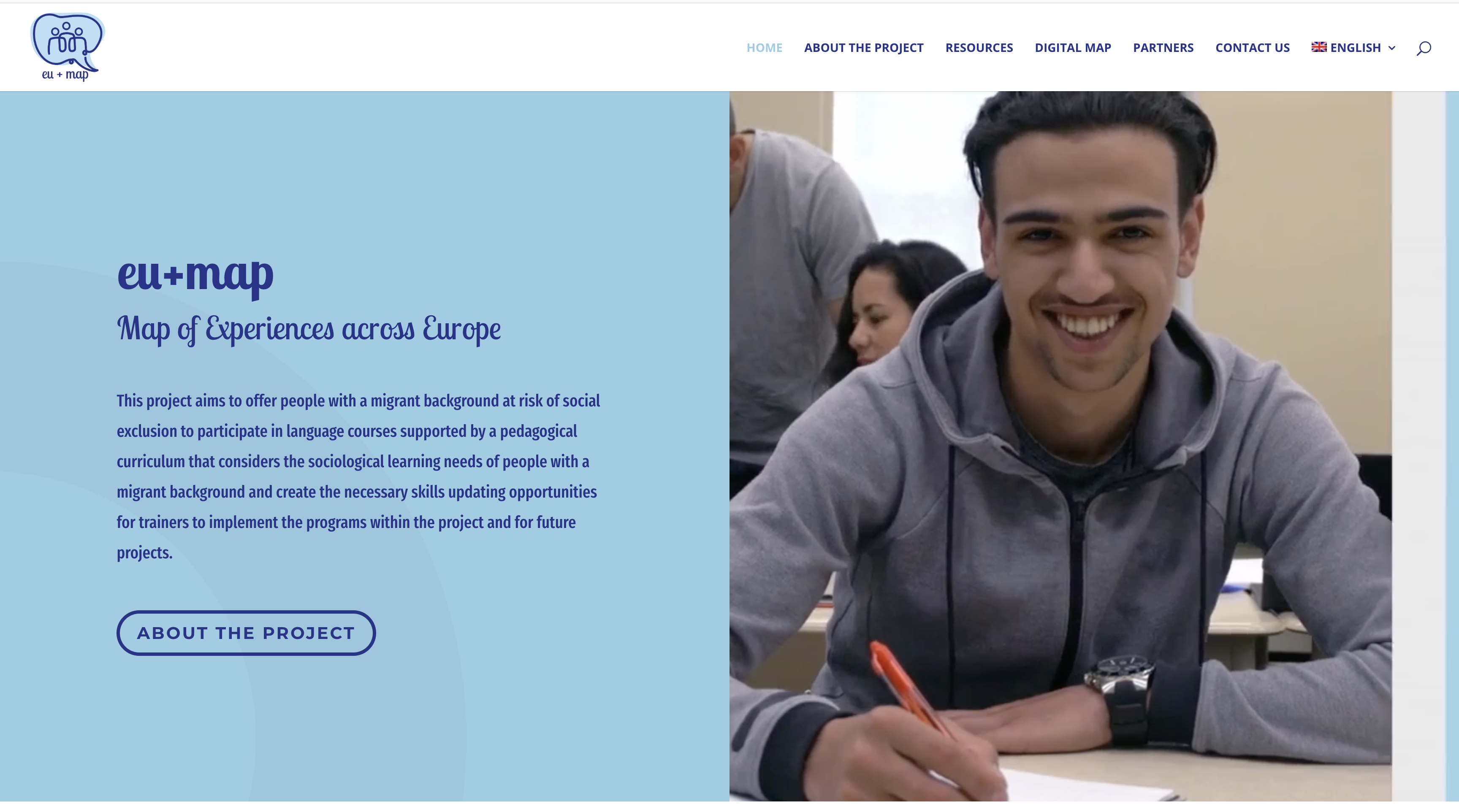 EU+MAP homepage in light blue and dark blue, titled Map of Experiences across Europe